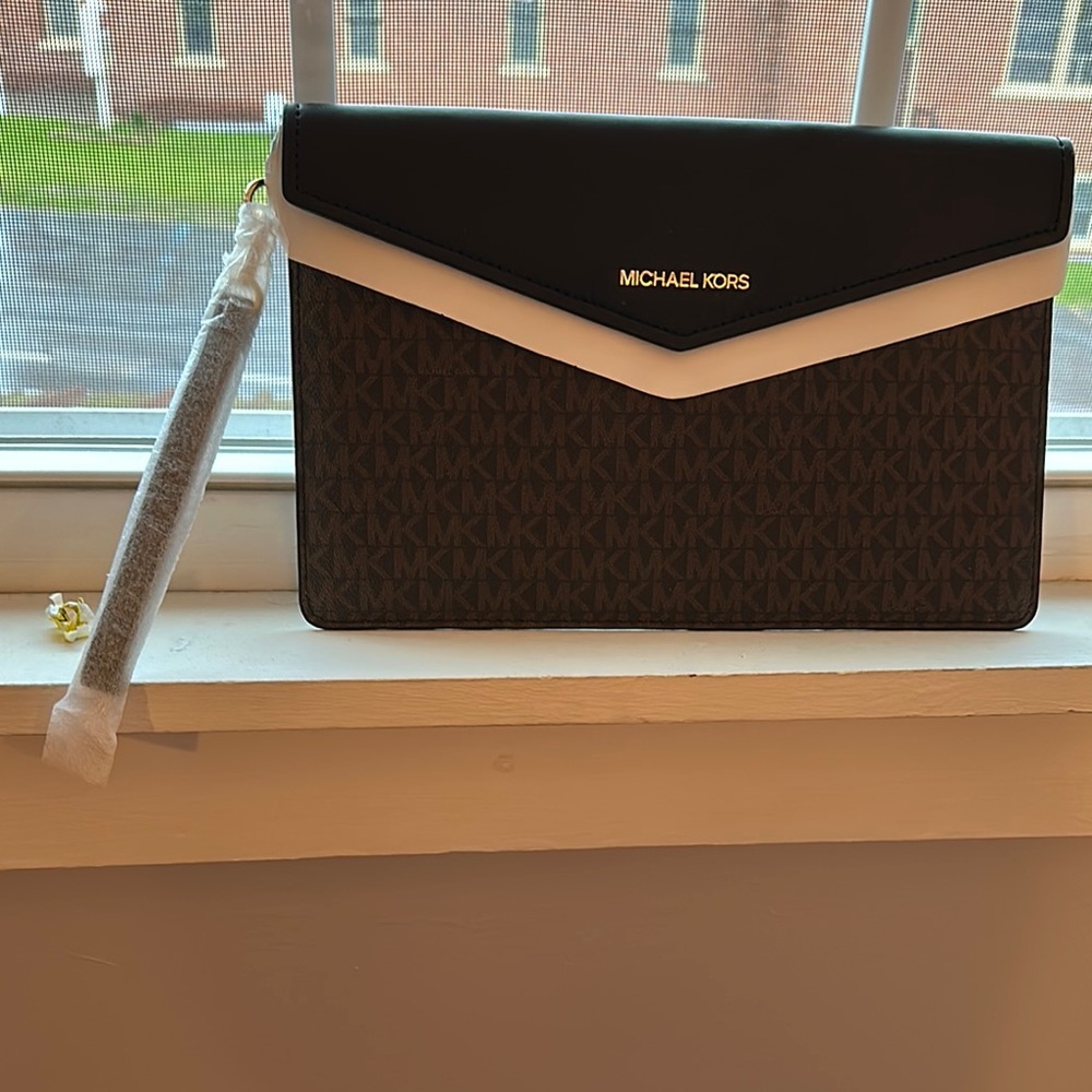 Michael Kors Black and Brown Clutch with Gold Hardware